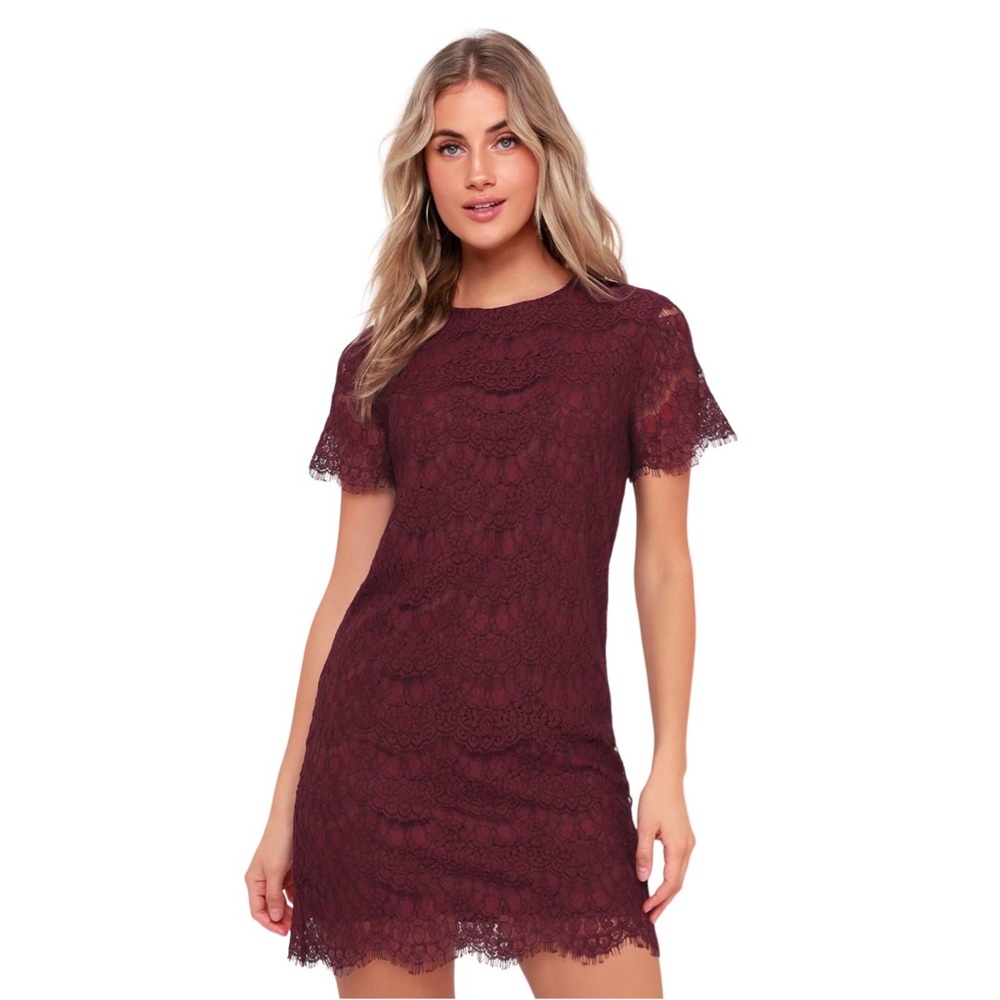 Lulu’s Take Me to Brunch Burgundy Lace Shift Dress Sz M